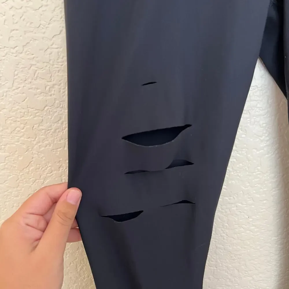 Alo Yoga Ripped Warrior Leggings, Black, Airbrush Knit, High Waist Laser-Cut Fit